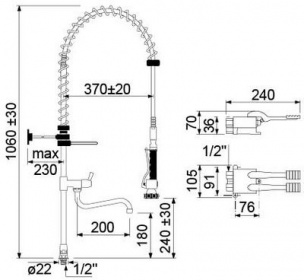 Sprcha na nádobí CLASSIC podlaha přípojka 3/8″-1/2″ s otočným kohoutem s pedálem